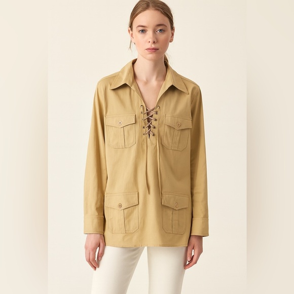 Y2K Vintage Y2K Utility Cargo Beige Lace-Up Safari Shirt Nine West Medium - Picture 1 of 6